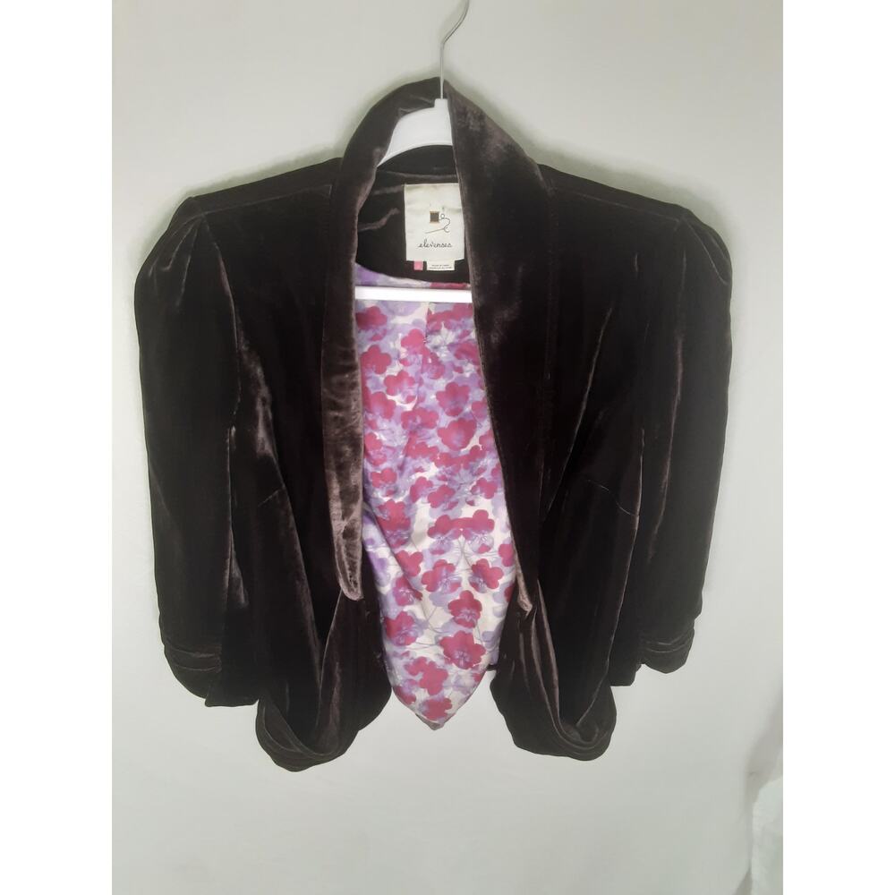 Vintage Anthropologie Elevenses Velvet Blazer Sz 8 Brown Lined Floral Retro Boho